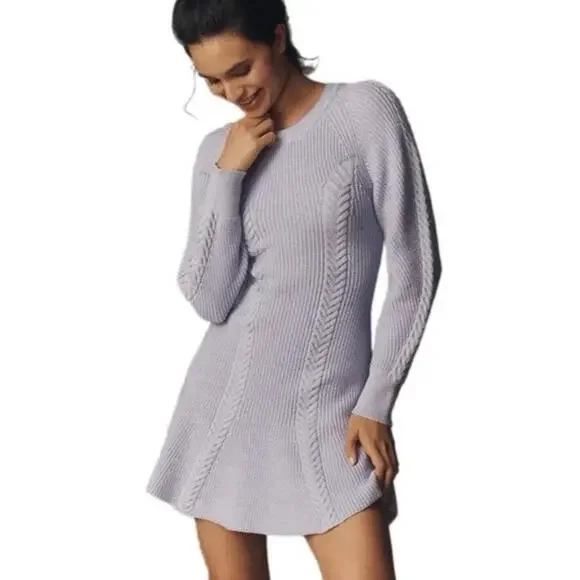 Anthropologie Skater Sweater Dress Sz M Rib Knit Lavender Crew Neck Long Sleeve - Picture 1 of 7